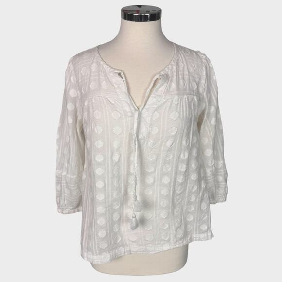 LOFT Small White Blouse 3/4 Sleeve Tie Neck Tassels Hobnail Pattern 100% Cotton - Picture 1 of 7